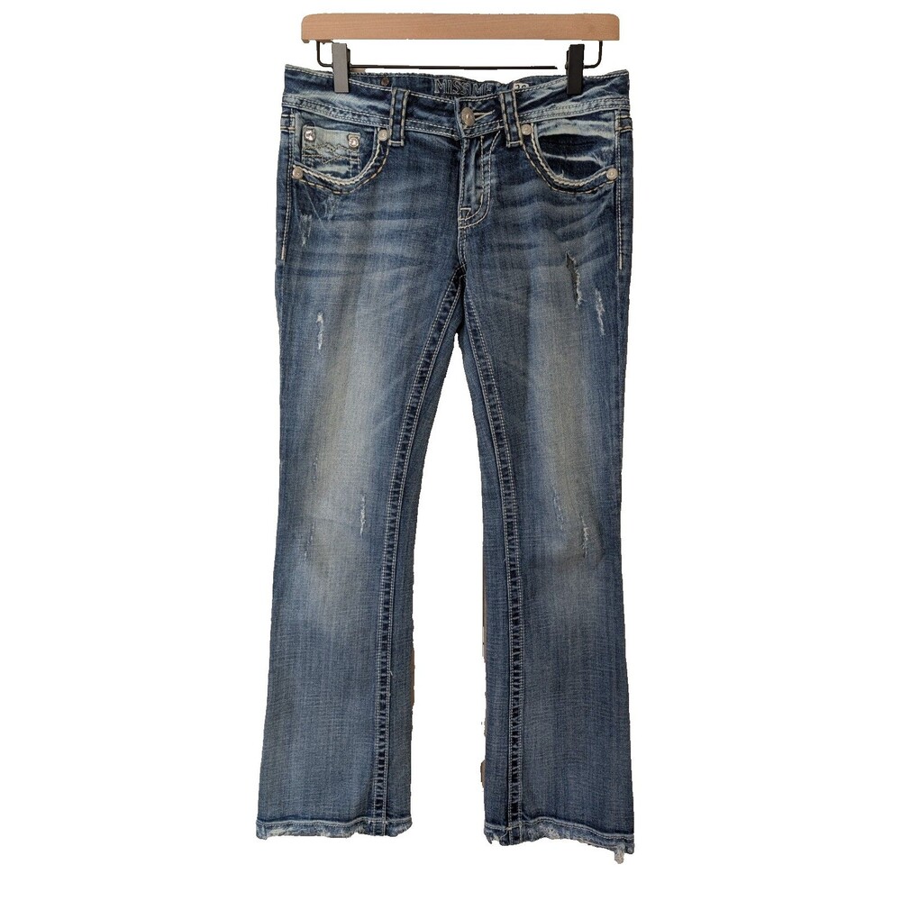 Miss Me Jeans Womens 28 Low Rise Bootcut Distressed Ripped Bling Denim Pants